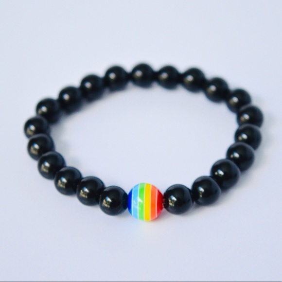 Unisex Gay Pride Onyx Gemstone Beaded Bracelets - Picture 2 of 3